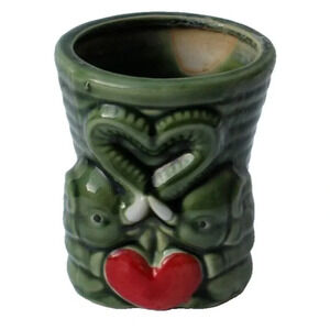 Vintage Glazed Green Ceramic Kissing Elephant Planter W/ Trunks Love Heart